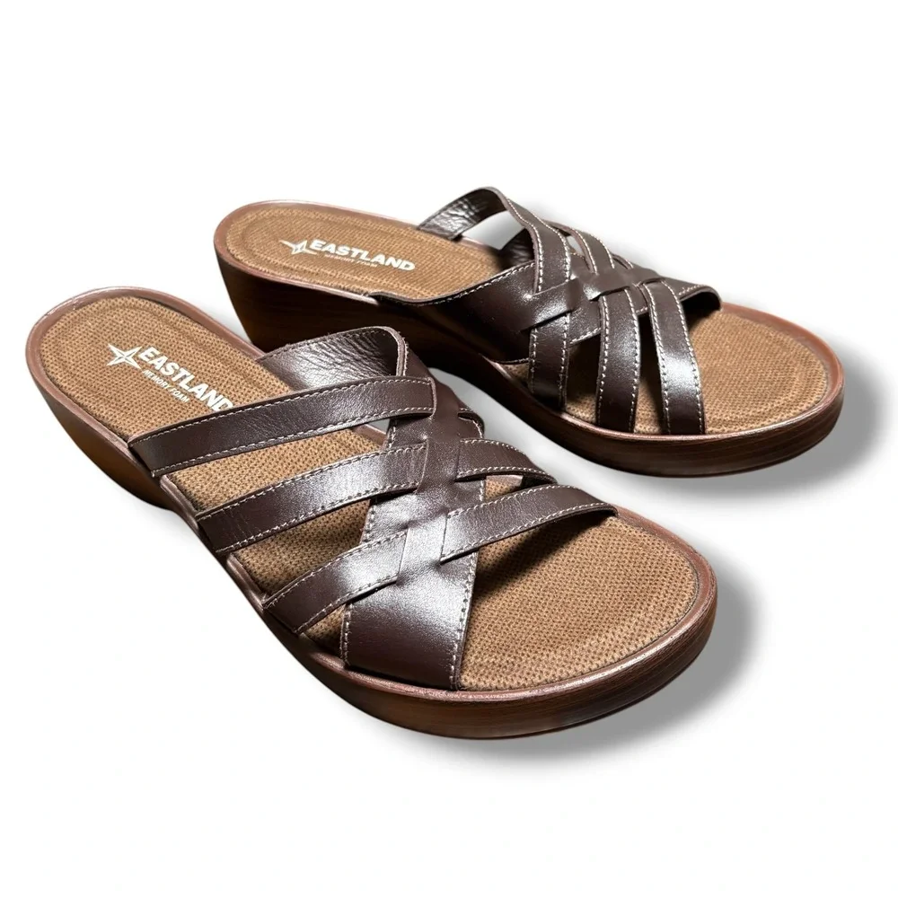 Eastland Womens Brown Poppy Strappy Memory Foam Wedge Slide Sandals Platform